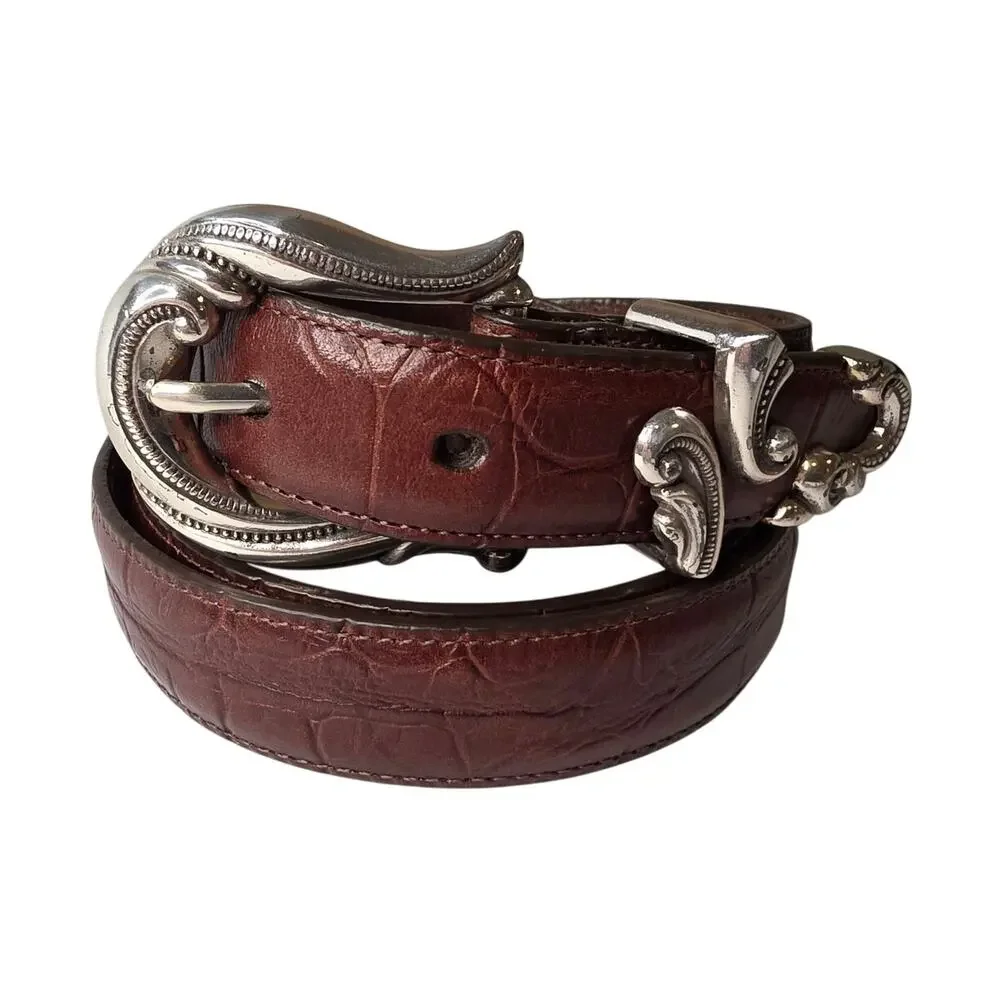 VTG Brighton Y2K Brown Croc Embossed Leather Belt 2X Ornate Scroll Buckle Silver